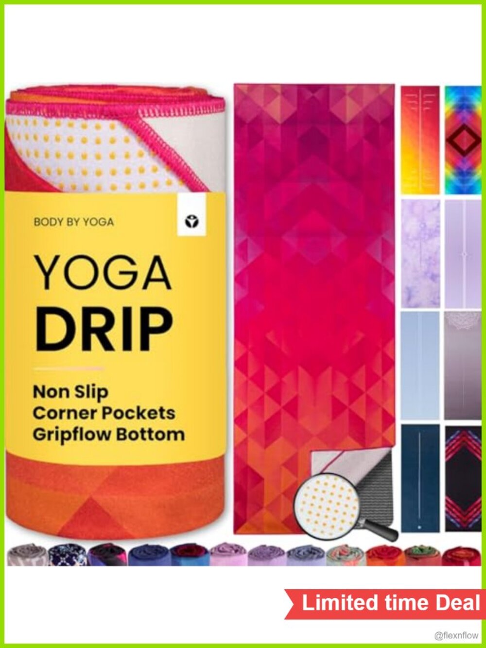Yoga Mat Towel Non Slip Microfiber with Corner Pockets for Hot Yoga